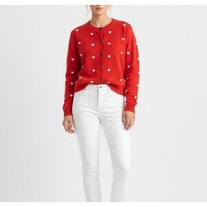 Ann Taylor LOFT Embroidered Heart Cardigan Sweater Large Red White Romantic